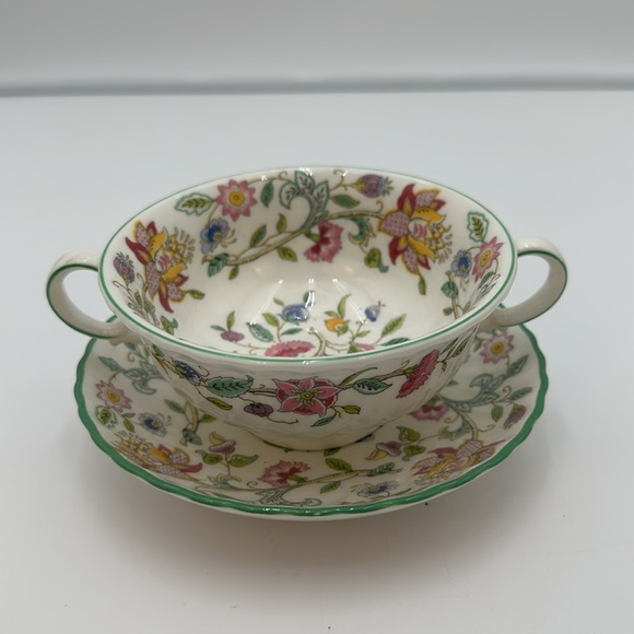Minton Haddon Hall Chintz w Green Trim Soup Cream Bowl  with Stand - Picture 15 of 16